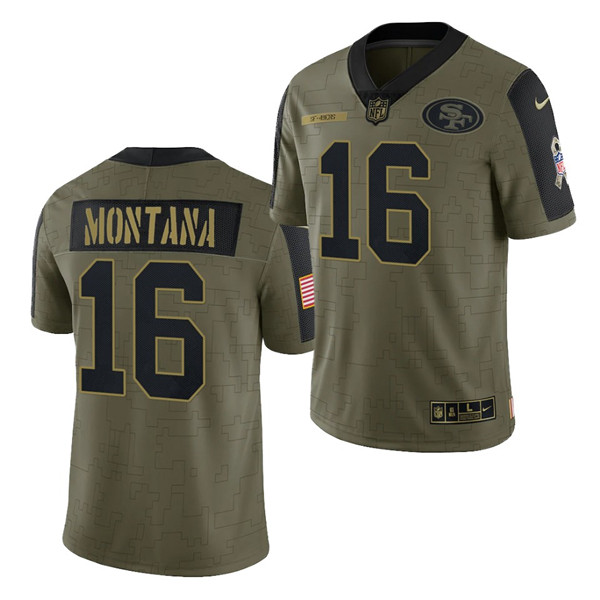 Men's San Francisco 49ers #16 Joe Montana 2021 Olive Camo Salute To Service Limited Stitched Jersey Men's San Francisco 49ers #16 Joe Montana 2021 Olive Camo Salute To Service Limited Stitched Jersey